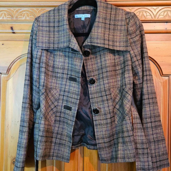 Antonio Melani Brown Plaid Belted Wool Blend Peacoat Excellent Condition Size 0‎ - Picture 5 of 8
